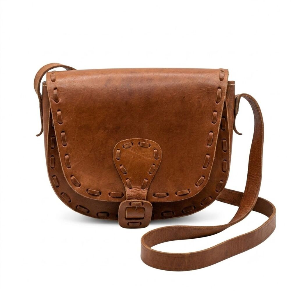 Vintage 70s Leather Crossbody Saddle Bag Kane NY Whipstitch Boho